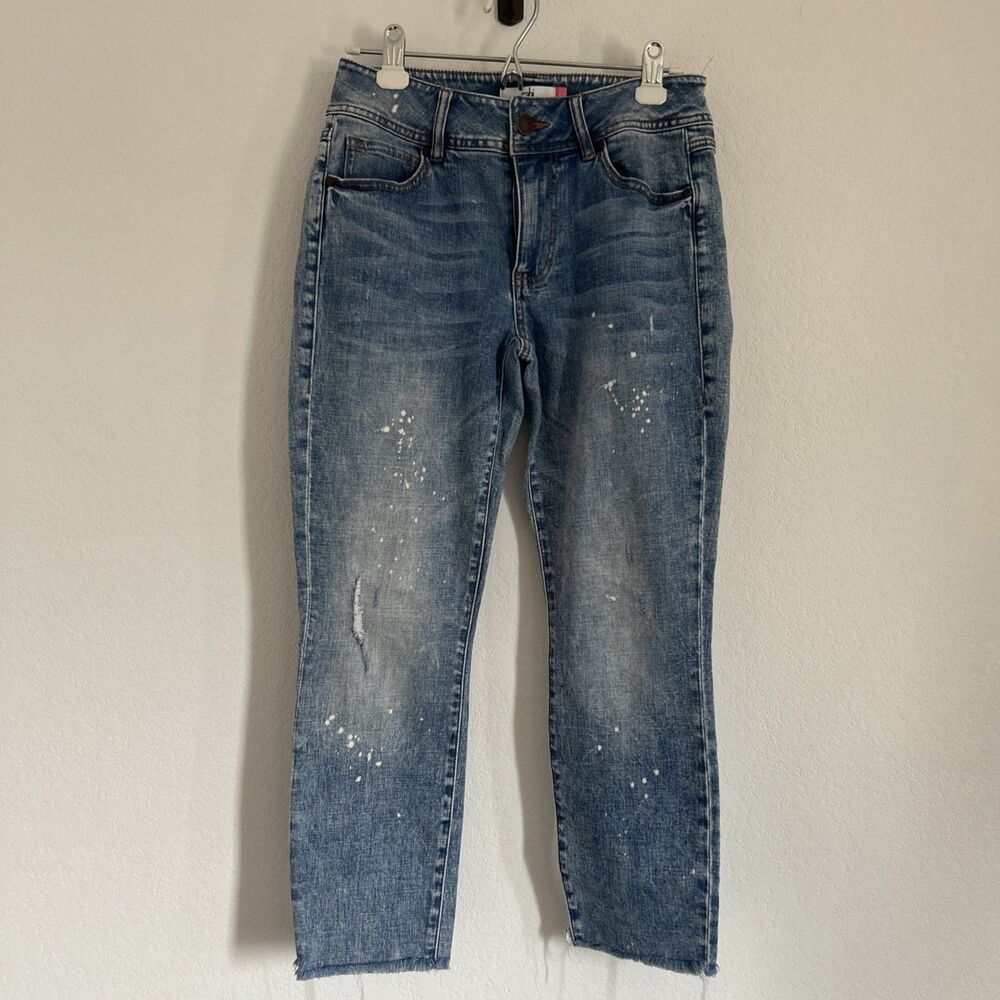CAbi Cinch Skinny Jeans Distressed Bleach Splatter stretch Denim Jeans Sz 6